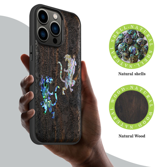 Tiger Amidst Flowers, Hand-Inlaid Wood & Mother of Pearl Case - Artisanal Cover for Apple iPhone