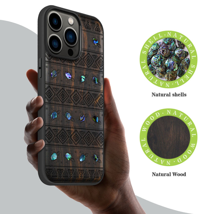 The Aztec Sea Turtle, Hand-Inlaid Wood & Mother of Pearl Case - Artisanal Cover for Apple iPhone