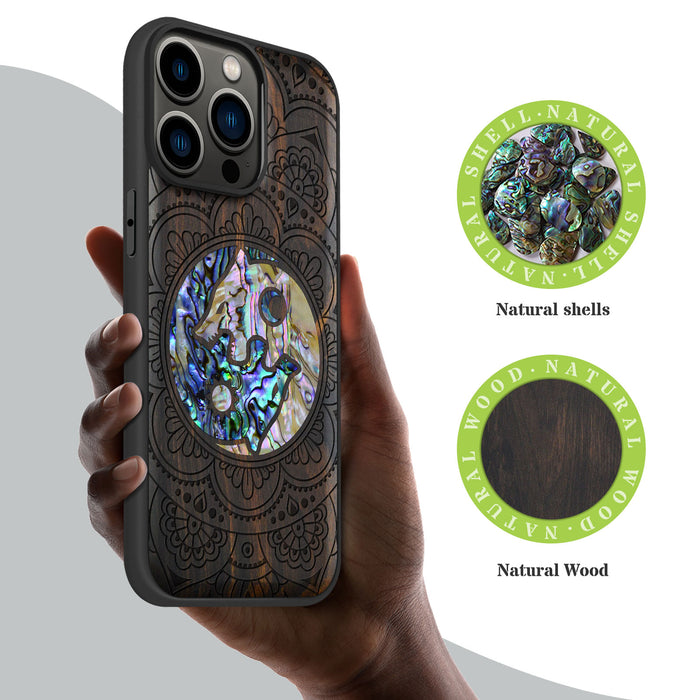 Yin-Yang Wolves Amidst Paisley, Hand-Inlaid Wood & Mother of Pearl Case - Artisanal Cover for Apple iPhone