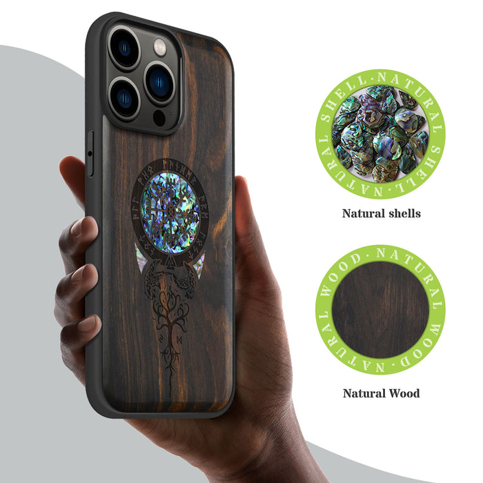 Dragon-Inspired Shield with Aegishjalmur, Hand-Inlaid Wood & Mother of Pearl Case - Artisanal Cover for Apple iPhone