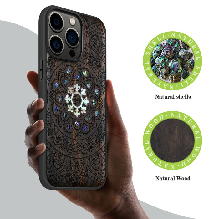 Mandala Floral, Hand-Inlaid Wood & Mother of Pearl Case - Artisanal Cover for Apple iPhone