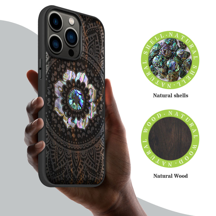 The Indian Floral Mandala, Hand-Inlaid Wood & Mother of Pearl Case - Artisanal Cover for Apple iPhone