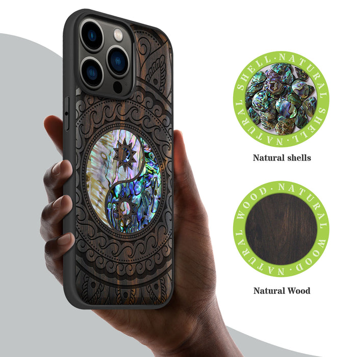 The Yin Yang Paisley, Hand-Inlaid Wood & Mother of Pearl Case - Artisanal Cover for Apple iPhone