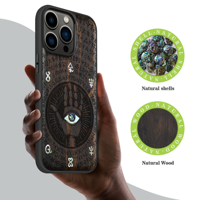 All-Seeing Hand, Hand-Inlaid Wood & Mother of Pearl Case - Artisanal Cover for Apple iPhone