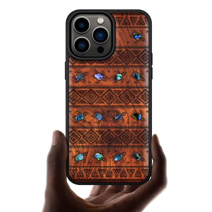 The Aztec Sea Turtle, Hand-Inlaid Wood & Mother of Pearl Case - Artisanal Cover for Apple iPhone