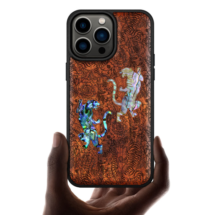 Tiger Amidst Flowers, Hand-Inlaid Wood & Mother of Pearl Case - Artisanal Cover for Apple iPhone