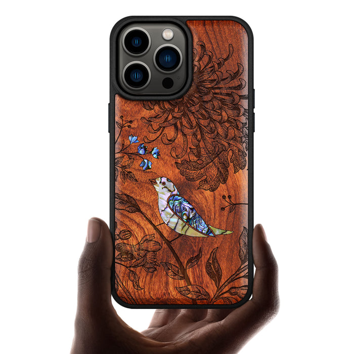 The Chrysanthemum and the Songbird, Hand-Inlaid Wood & Mother of Pearl Case - Artisanal Cover for Apple iPhone