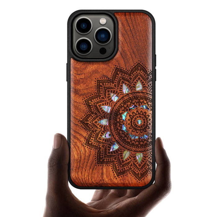 The Half Mandala Lace Art, Hand-Inlaid Wood & Mother of Pearl Case - Artisanal Cover for Apple iPhone