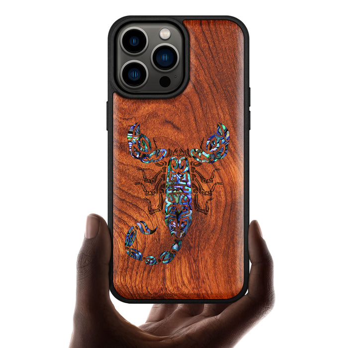 The Tribal Scorpion, Hand-Inlaid Wood & Mother of Pearl Case - Artisanal Cover for Apple iPhone