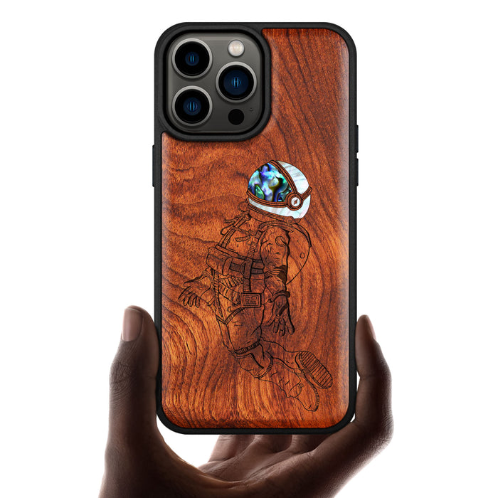 The Floating Astronaut, Hand-Inlaid Wood & Mother of Pearl Case - Artisanal Cover for Apple iPhone