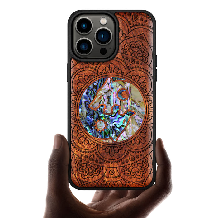 Yin-Yang Wolves Amidst Paisley, Hand-Inlaid Wood & Mother of Pearl Case - Artisanal Cover for Apple iPhone