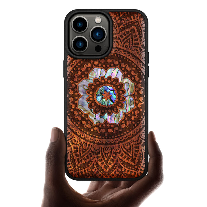 The Indian Floral Mandala, Hand-Inlaid Wood & Mother of Pearl Case - Artisanal Cover for Apple iPhone