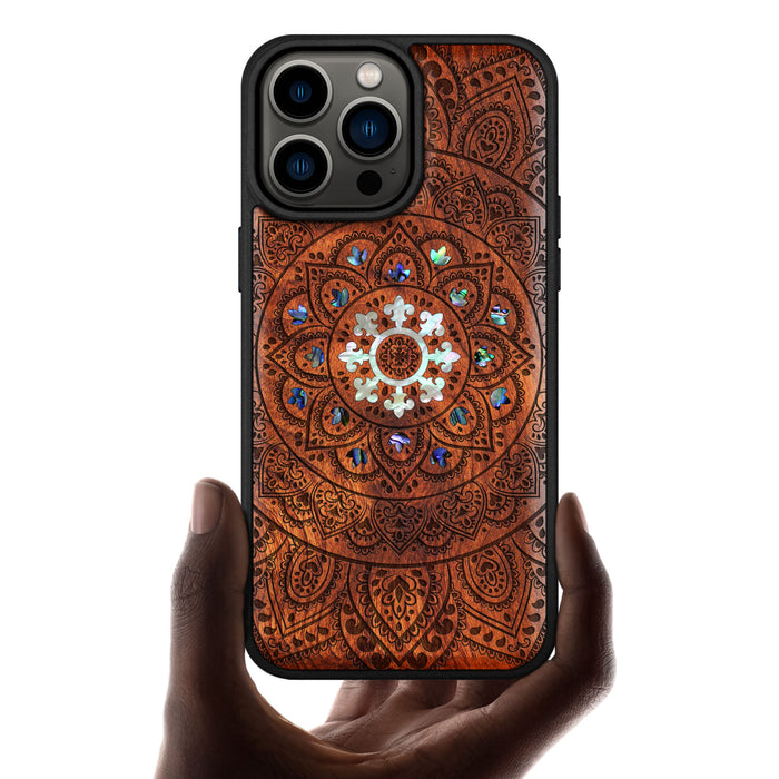 Mandala Floral, Hand-Inlaid Wood & Mother of Pearl Case - Artisanal Cover for Apple iPhone