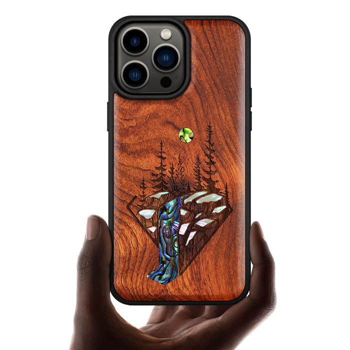 The Floating Forest and Waterfall, Hand-Inlaid Wood & Mother of Pearl Case - Artisanal Cover for Apple iPhone