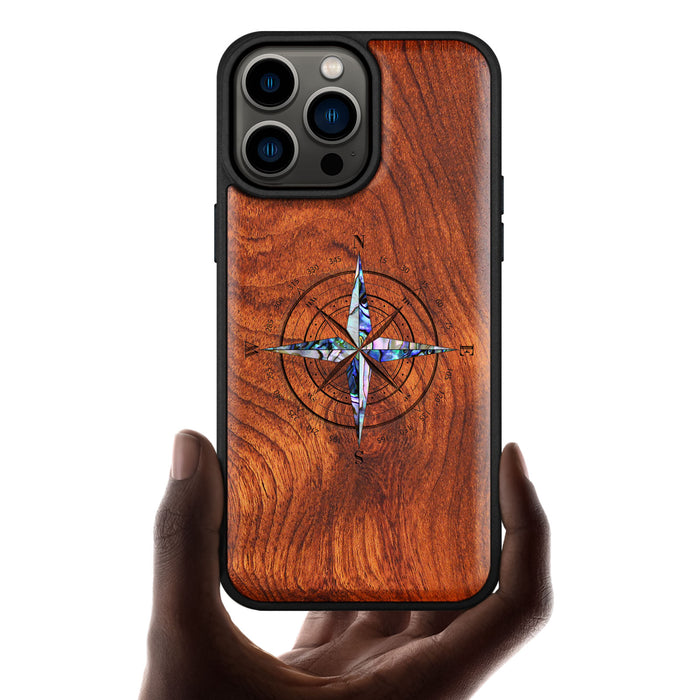 Shell Compass, Hand-Inlaid Wood & Mother of Pearl Case - Artisanal Cover for Apple iPhone