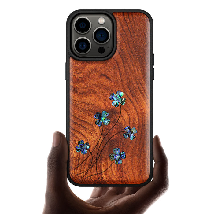 Four Leaf Clover, Hand-Inlaid Wood & Mother of Pearl Case - Artisanal Cover for Apple iPhone