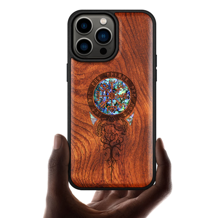 Dragon-Inspired Shield with Aegishjalmur, Hand-Inlaid Wood & Mother of Pearl Case - Artisanal Cover for Apple iPhone