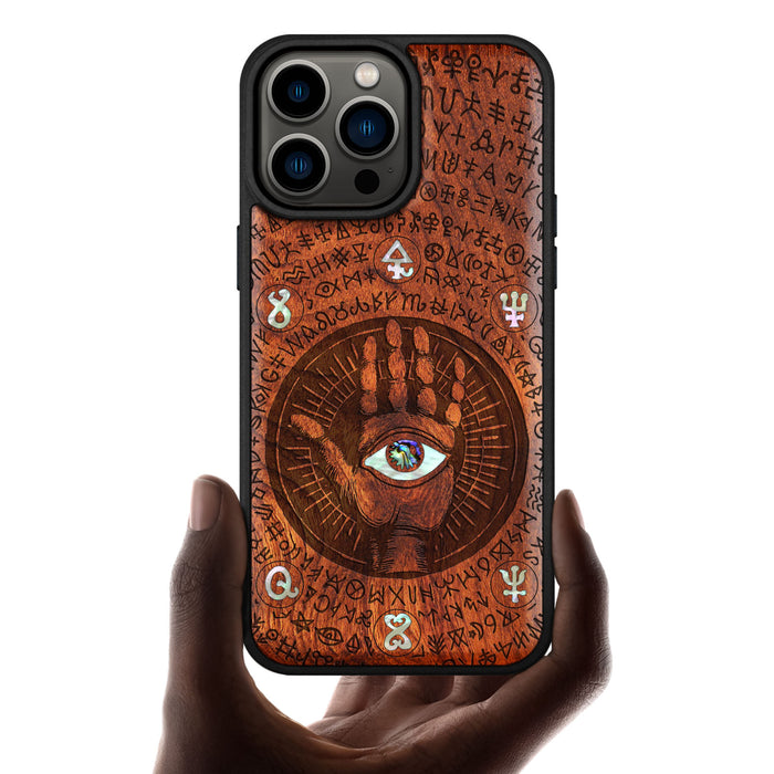 All-Seeing Hand, Hand-Inlaid Wood & Mother of Pearl Case - Artisanal Cover for Apple iPhone