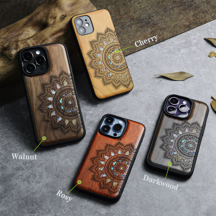 The Half Mandala Lace Art, Hand-Inlaid Wood & Mother of Pearl Case - Artisanal Cover for Apple iPhone