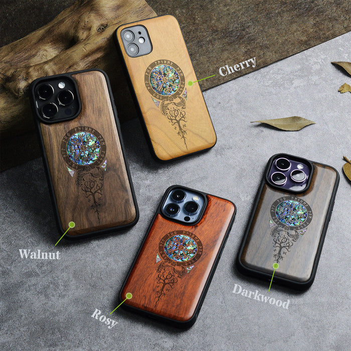 Dragon-Inspired Shield with Aegishjalmur, Hand-Inlaid Wood & Mother of Pearl Case - Artisanal Cover for Apple iPhone