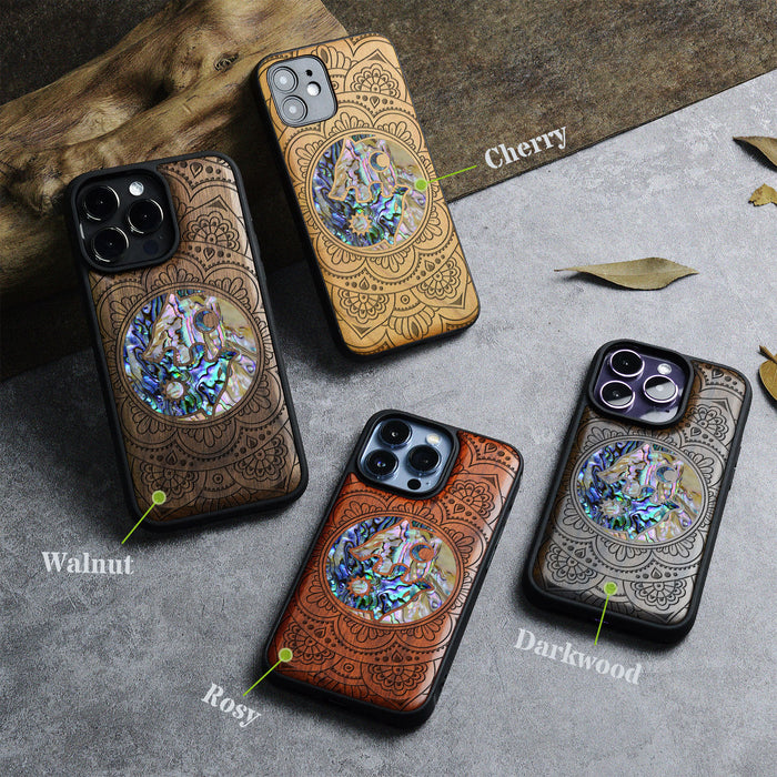 Yin-Yang Wolves Amidst Paisley, Hand-Inlaid Wood & Mother of Pearl Case - Artisanal Cover for Apple iPhone