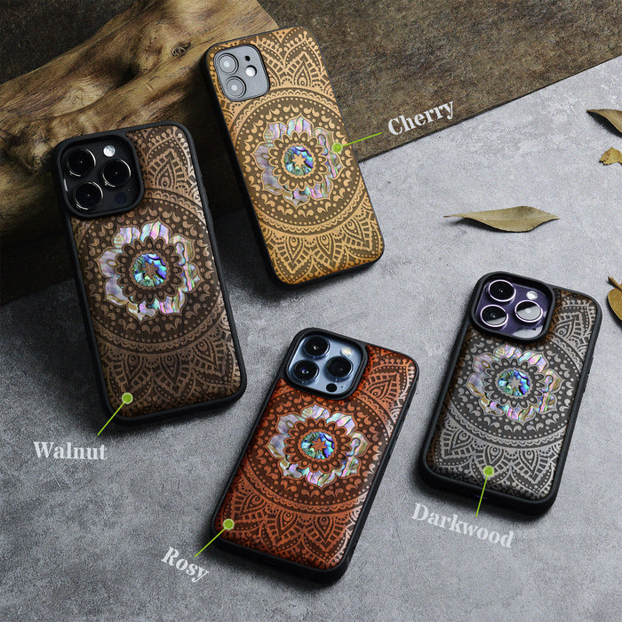 The Indian Floral Mandala, Hand-Inlaid Wood & Mother of Pearl Case - Artisanal Cover for Apple iPhone