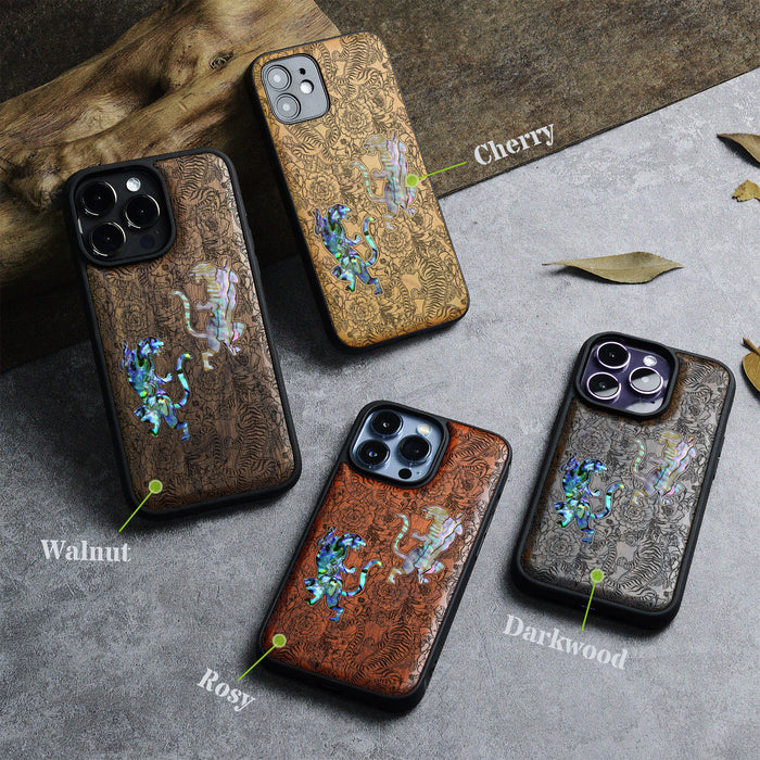 Tiger Amidst Flowers, Hand-Inlaid Wood & Mother of Pearl Case - Artisanal Cover for Apple iPhone