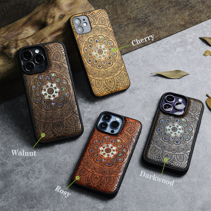 Mandala Floral, Hand-Inlaid Wood & Mother of Pearl Case - Artisanal Cover for Apple iPhone