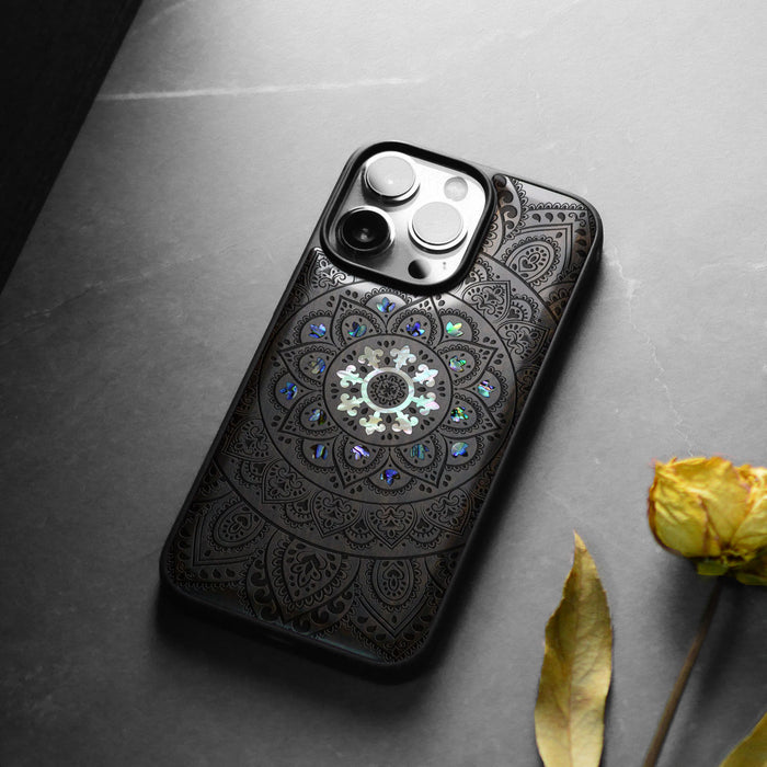 Mandala Floral, Hand-Inlaid Wood & Mother of Pearl Case - Artisanal Cover for Apple iPhone