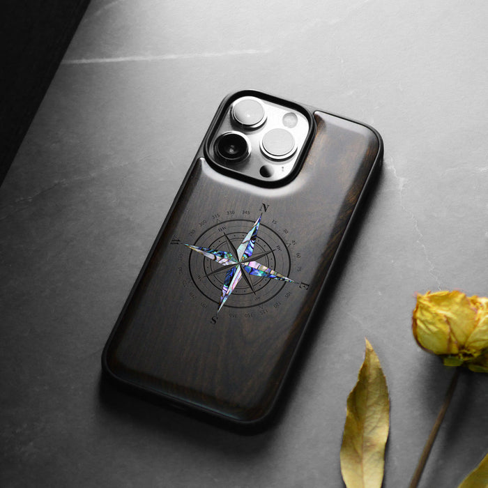 Shell Compass, Hand-Inlaid Wood & Mother of Pearl Case - Artisanal Cover for Apple iPhone