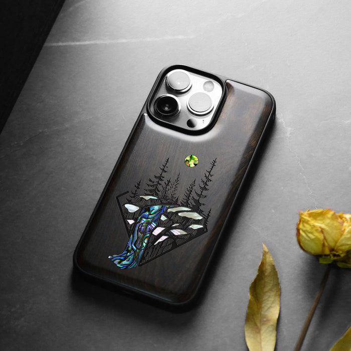 The Floating Forest and Waterfall, Hand-Inlaid Wood & Mother of Pearl Case - Artisanal Cover for Apple iPhone