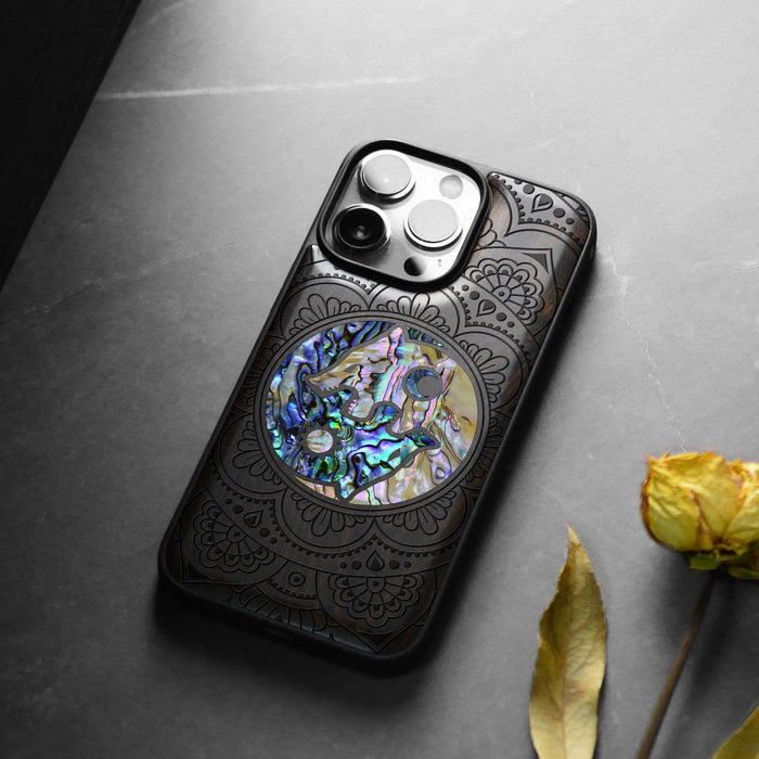 Yin-Yang Wolves Amidst Paisley, Hand-Inlaid Wood & Mother of Pearl Case - Artisanal Cover for Apple iPhone