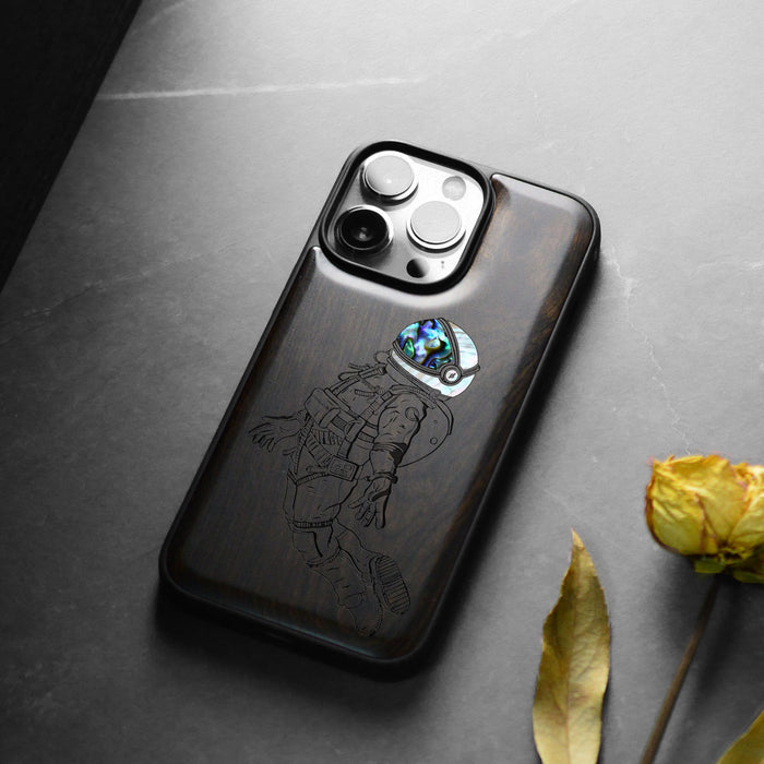 The Floating Astronaut, Hand-Inlaid Wood & Mother of Pearl Case - Artisanal Cover for Apple iPhone