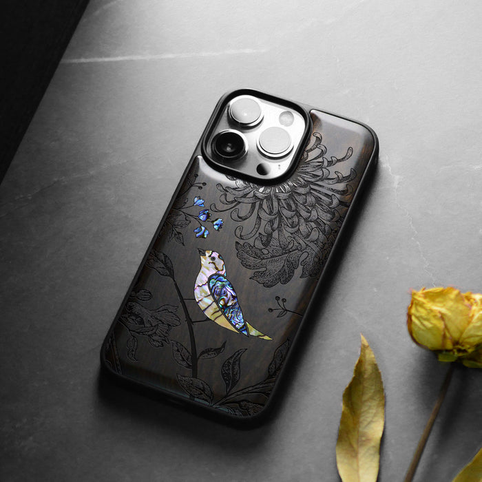 The Chrysanthemum and the Songbird, Hand-Inlaid Wood & Mother of Pearl Case - Artisanal Cover for Apple iPhone