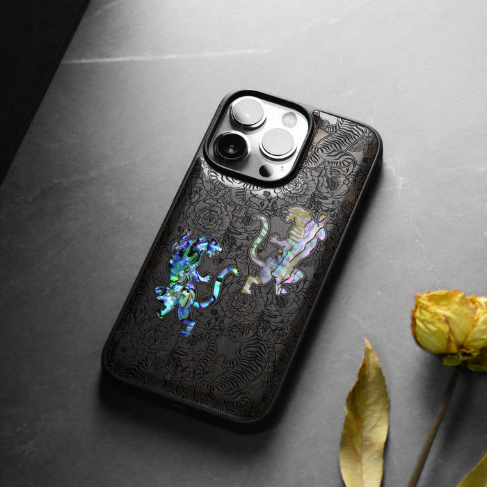 Tiger Amidst Flowers, Hand-Inlaid Wood & Mother of Pearl Case - Artisanal Cover for Apple iPhone