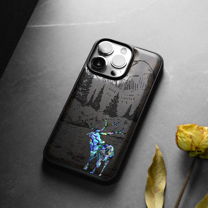 An Enthralling Natural Landscape Illustration, Hand-Inlaid Wood & Mother of Pearl Case - Artisanal Cover for Apple iPhone