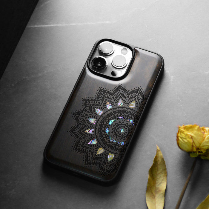 The Half Mandala Lace Art, Hand-Inlaid Wood & Mother of Pearl Case - Artisanal Cover for Apple iPhone