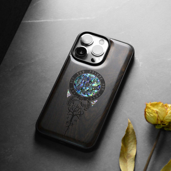 Dragon-Inspired Shield with Aegishjalmur, Hand-Inlaid Wood & Mother of Pearl Case - Artisanal Cover for Apple iPhone