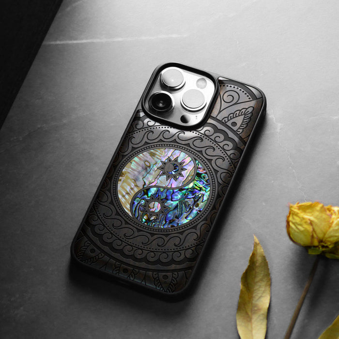 The Yin Yang Paisley, Hand-Inlaid Wood & Mother of Pearl Case - Artisanal Cover for Apple iPhone