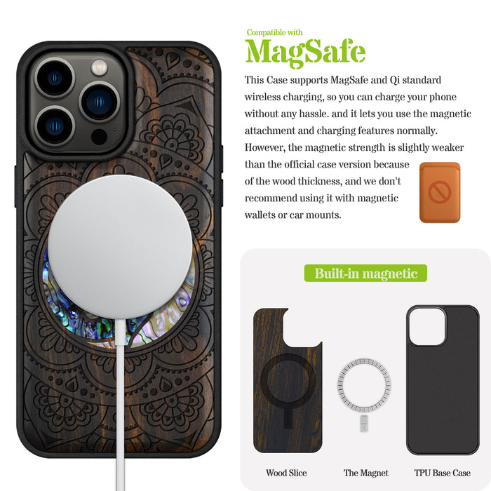 Yin-Yang Wolves Amidst Paisley, Hand-Inlaid Wood & Mother of Pearl Case - Artisanal Cover for Apple iPhone