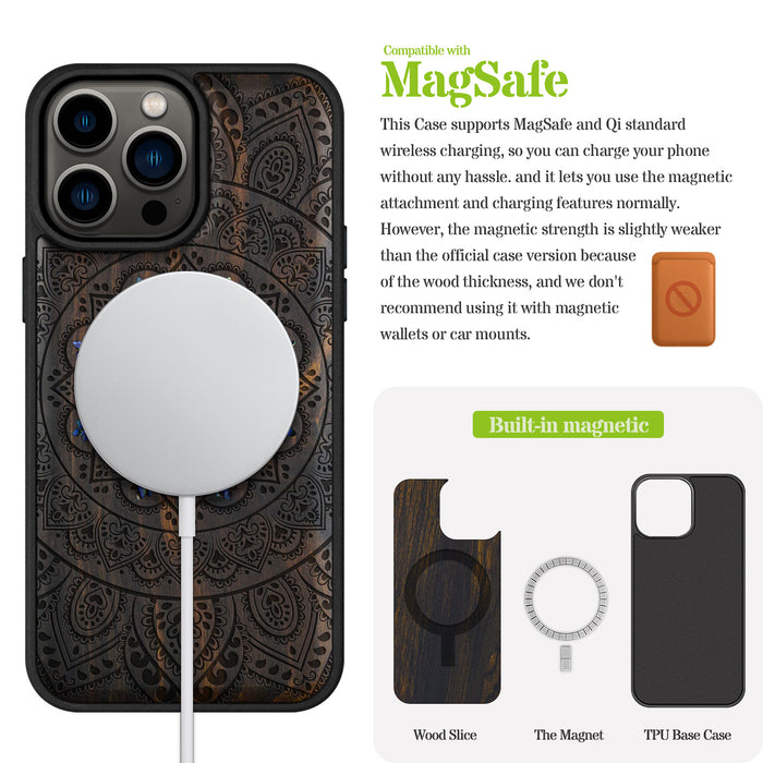 Mandala Floral, Hand-Inlaid Wood & Mother of Pearl Case - Artisanal Cover for Apple iPhone