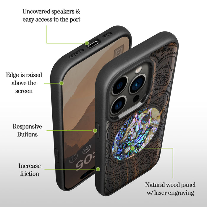 Yin-Yang Wolves Amidst Paisley, Hand-Inlaid Wood & Mother of Pearl Case - Artisanal Cover for Apple iPhone