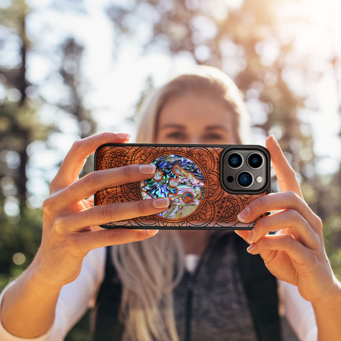 Yin-Yang Wolves Amidst Paisley, Hand-Inlaid Wood & Mother of Pearl Case - Artisanal Cover for Apple iPhone