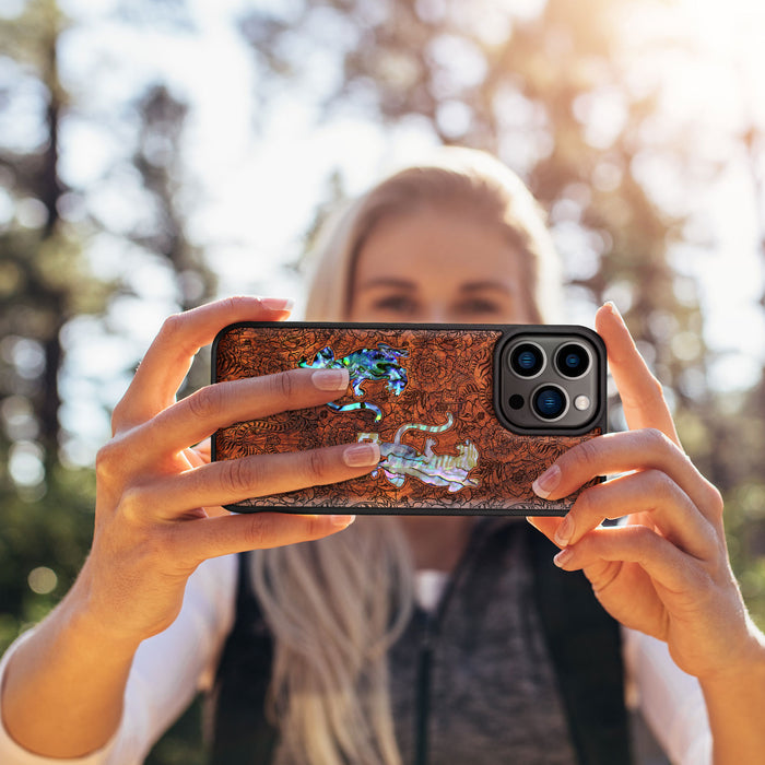 Tiger Amidst Flowers, Hand-Inlaid Wood & Mother of Pearl Case - Artisanal Cover for Apple iPhone