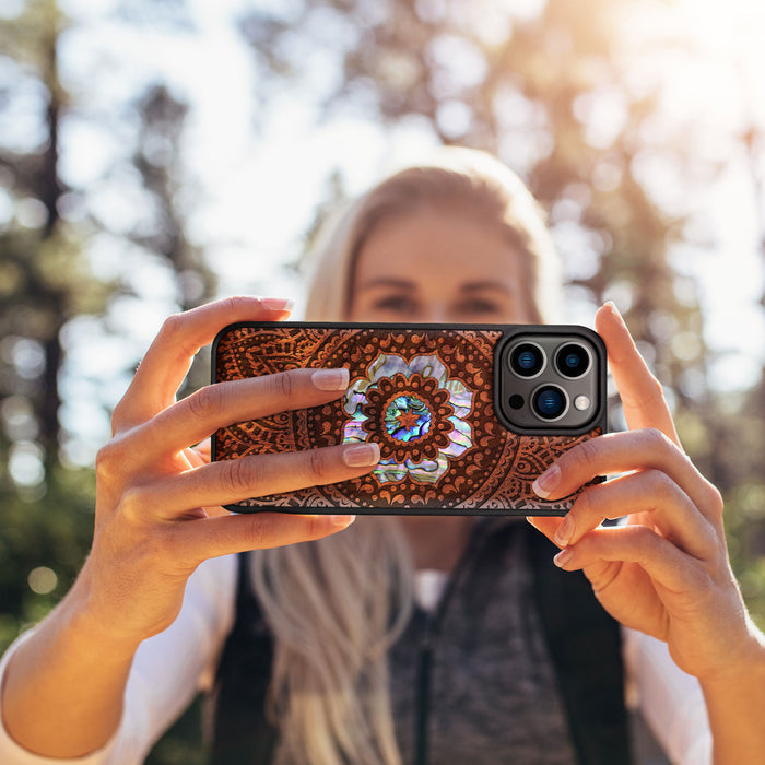 The Indian Floral Mandala, Hand-Inlaid Wood & Mother of Pearl Case - Artisanal Cover for Apple iPhone