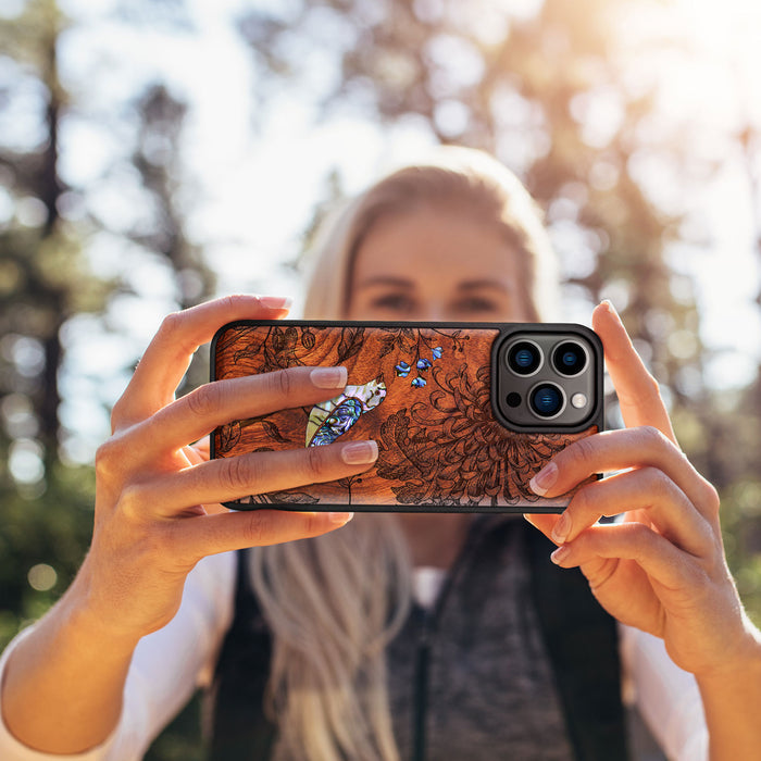 The Chrysanthemum and the Songbird, Hand-Inlaid Wood & Mother of Pearl Case - Artisanal Cover for Apple iPhone