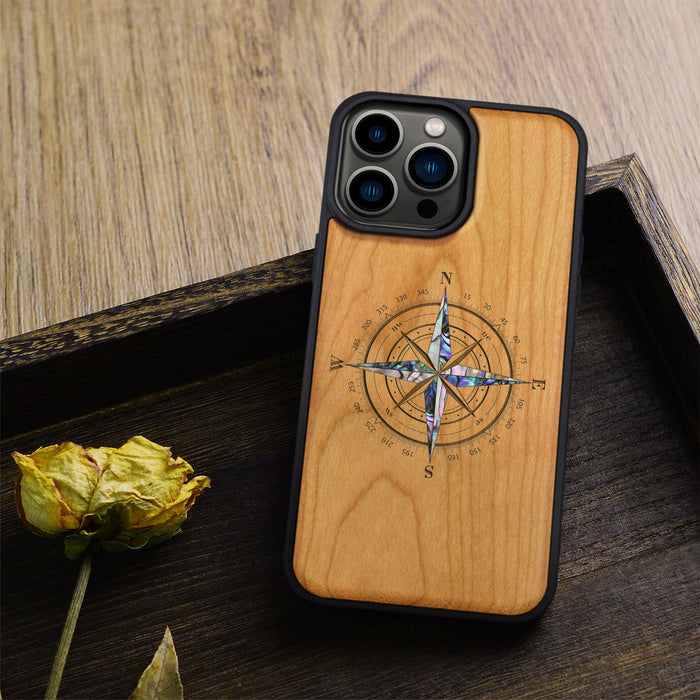 Shell Compass, Hand-Inlaid Wood & Mother of Pearl Case - Artisanal Cover for Apple iPhone