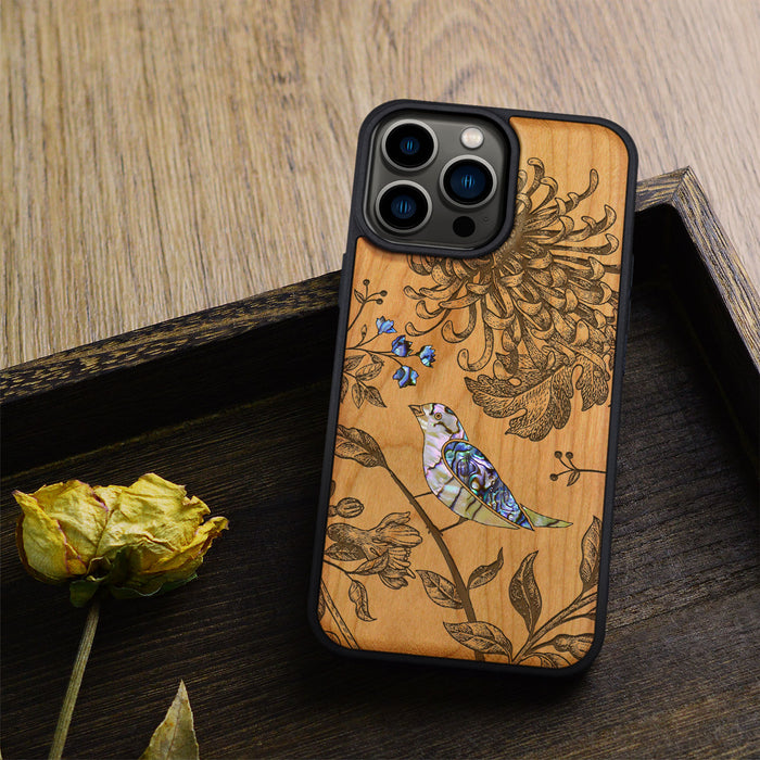 The Chrysanthemum and the Songbird, Hand-Inlaid Wood & Mother of Pearl Case - Artisanal Cover for Apple iPhone