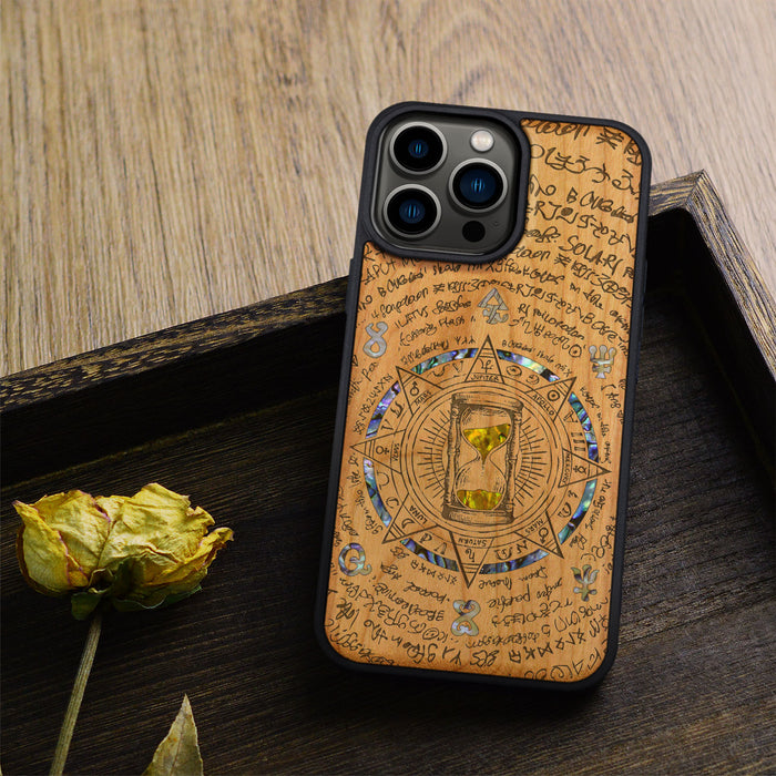 Retro Hourglass, Hand-Inlaid Wood & Mother of Pearl Case - Artisanal Cover for Apple iPhone