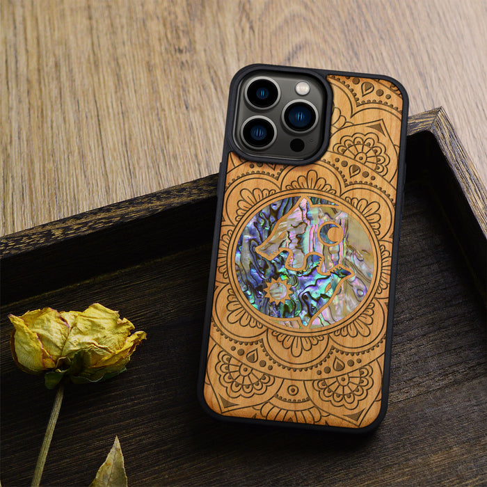 Yin-Yang Wolves Amidst Paisley, Hand-Inlaid Wood & Mother of Pearl Case - Artisanal Cover for Apple iPhone